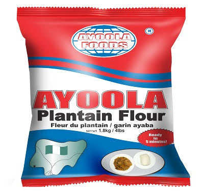 Bag of Ayoola Plantain Flour with branding and product details on a white background